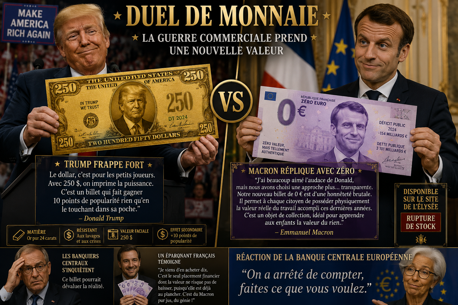 Duel de monnaie : Trump lance le billet de 250 $ à son effigie, Macron réplique avec le billet de 0 €