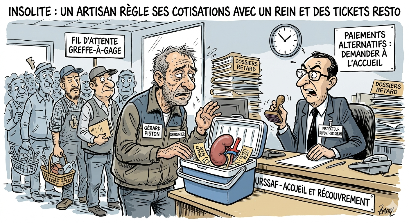 Gérard Piston, artisan serrurier, révolutionne le paiement des charges sociales en proposant un rein et quelques tickets resto à l'URSSAF. Une méthode de paiement alternative qui fait grand bruit !
