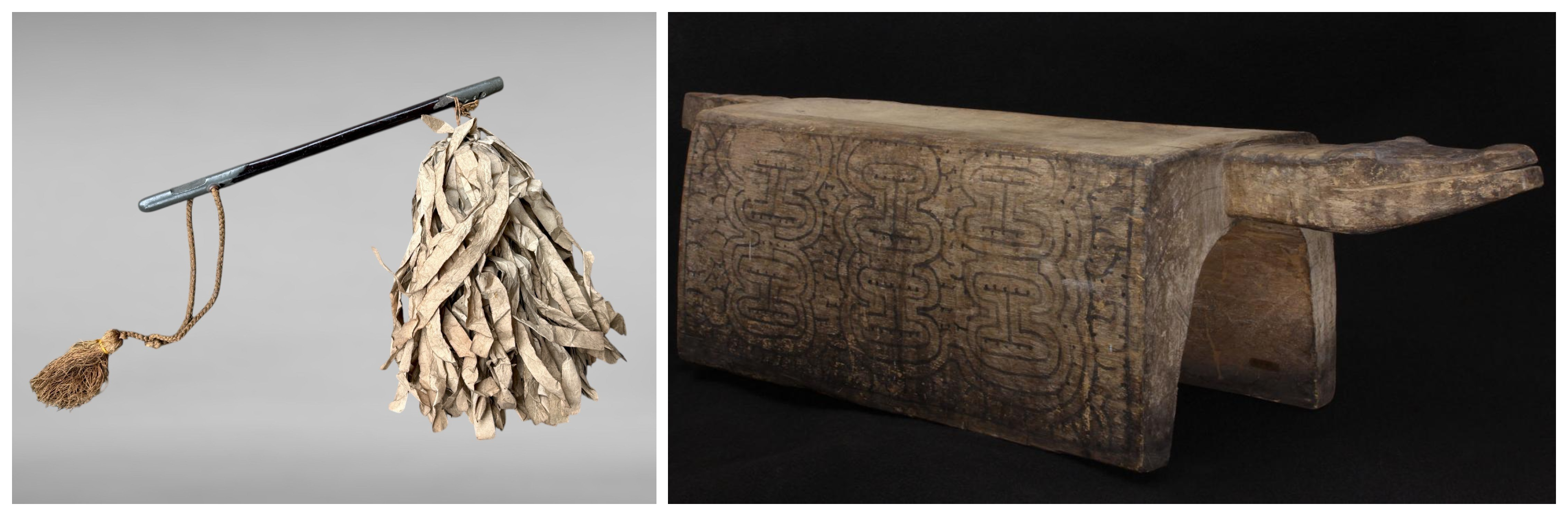 Bâton de commandement militaire offert au capitaine Tukapo par le gouverneur créole Fujitani Kagehikowara au nom de l'empereur burujois, Maronhi, vers 1680, Musée indigène de Siwa. / Siège cérémoniel monoxyle à motifs labyrinthiques utilisé par les bonzes missionnaires de l'Ecole de Fujiao pour le mariage du capitaine Mokapo, culture paltoterranne, nation ikikwé, bois sculpté, vers 1810 Musée indigène de Siwa.