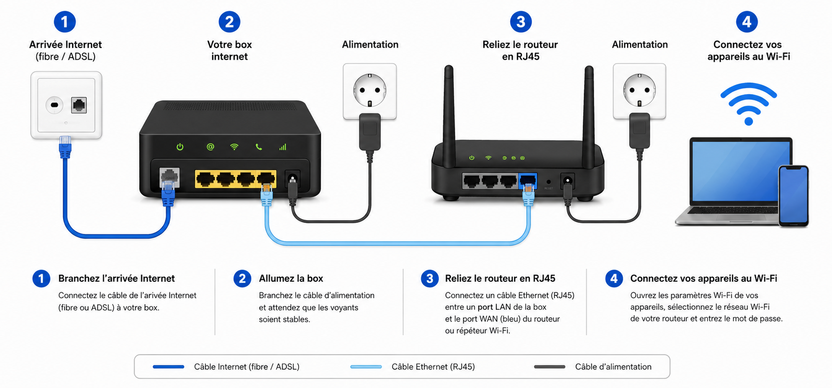 Schéma de branchement d’une box internet avec câble RJ45 et connexion au Wi-Fi.