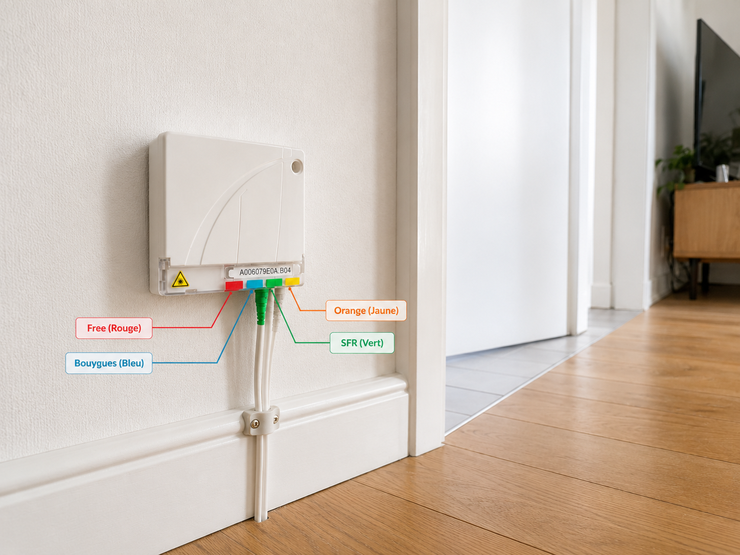 French apartment fiber optic socket with color-coded provider ports: Free, Bouygues, SFR and Orange.