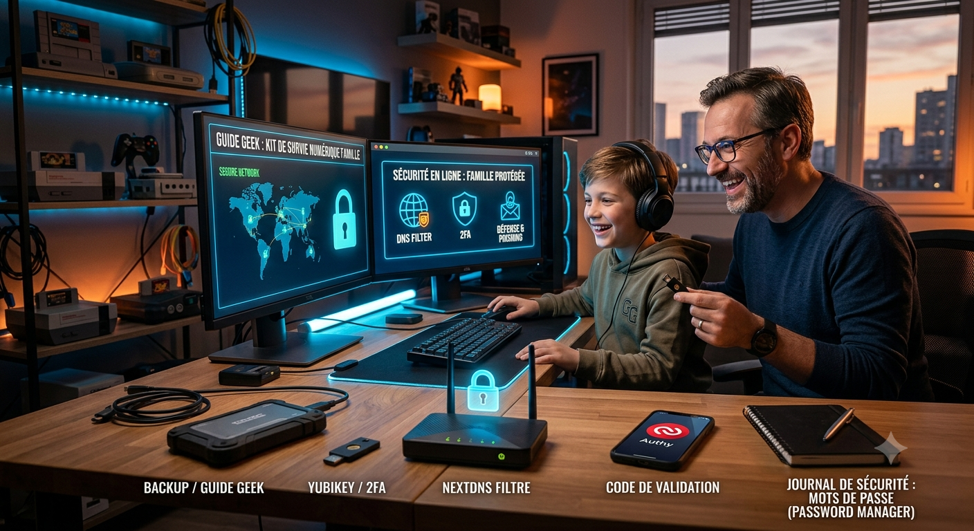Découvrez le kit de survie numérique du Guide Geek pour protéger votre famille en 2026. Conseils simples, outils gratuits et réflexes essentiels pour sécuriser votre foyer contre les cybermenaces.