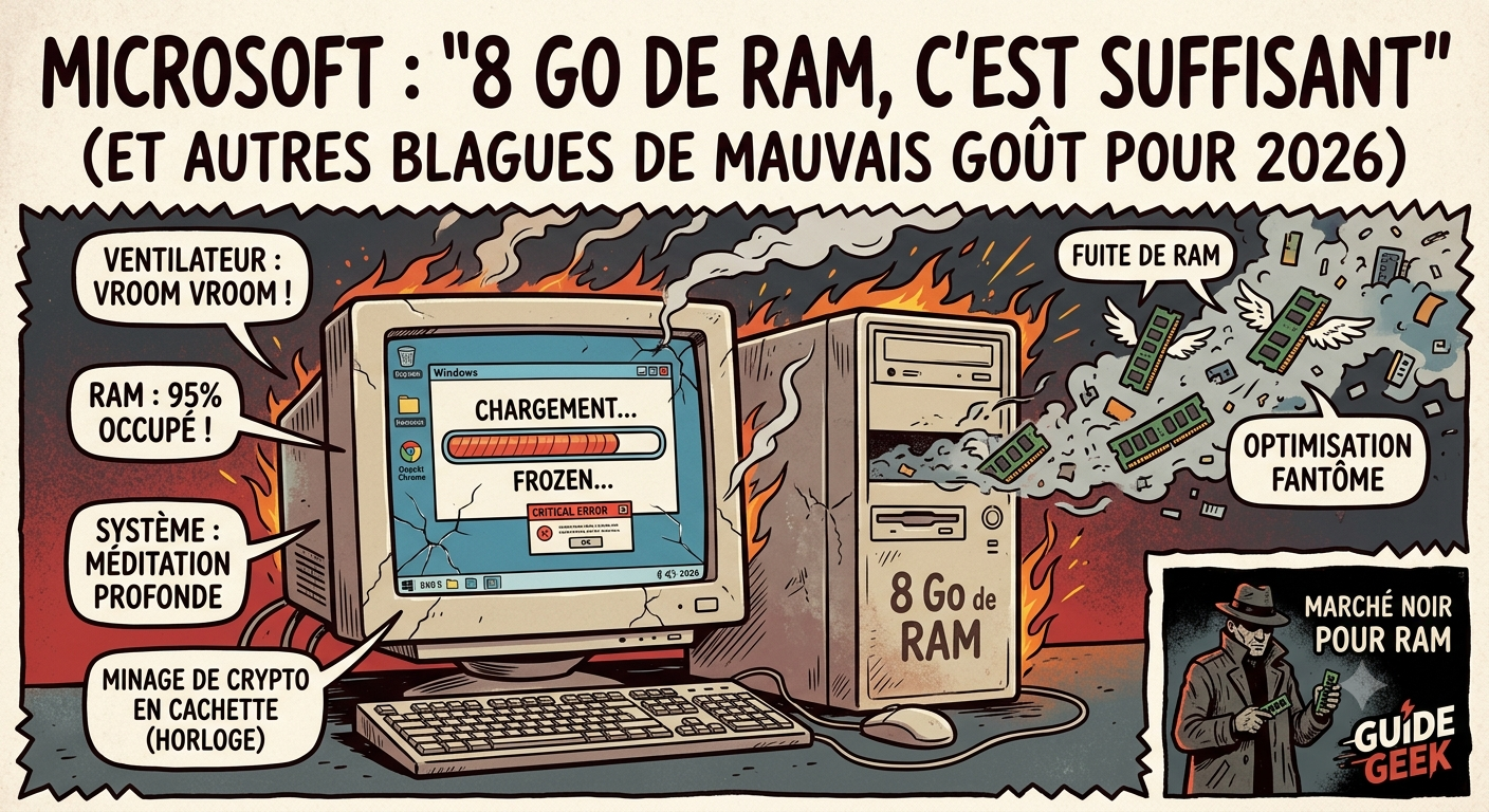Un ordinateur en surchauffe avec un écran affichant une barre de chargement bloquée, illustrant l'absurdité de vouloir faire tourner Windows avec seulement 8 Go de RAM.