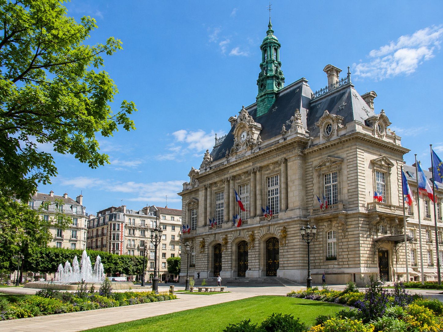 Levallois-Perret Hôtel de Ville with historic French architecture, civic square, fountain, flags, and landscaped gardens near Paris.