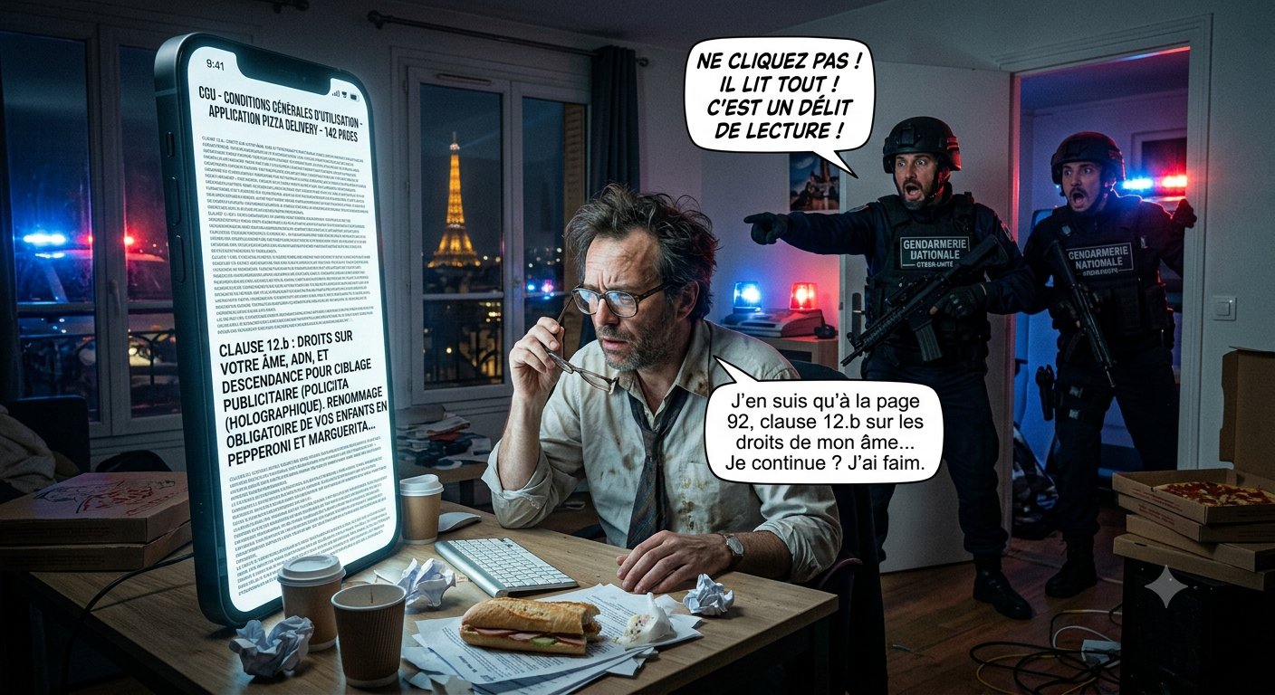 Stupéfaction totale : un comptable a lu 142 pages de conditions d'utilisation avant de cliquer sur 'J'accepte'. Une révolution numérique qui fait trembler la Silicon Valley. Découvrez l'affaire Jean-Michel.