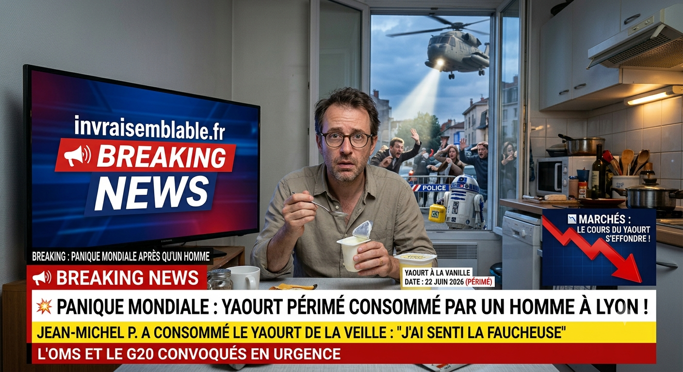 Un homme tenant un pot de yaourt périmé avec air inquiet, style breaking news, illustration humoristique de la panique mondiale face à une date de péremption dépassée
