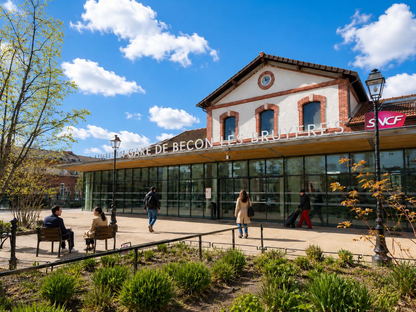 Gare de Bécon-les-Bruyères in Courbevoie with historic station architecture, glass entrance, sunny plaza, and people near Paris.