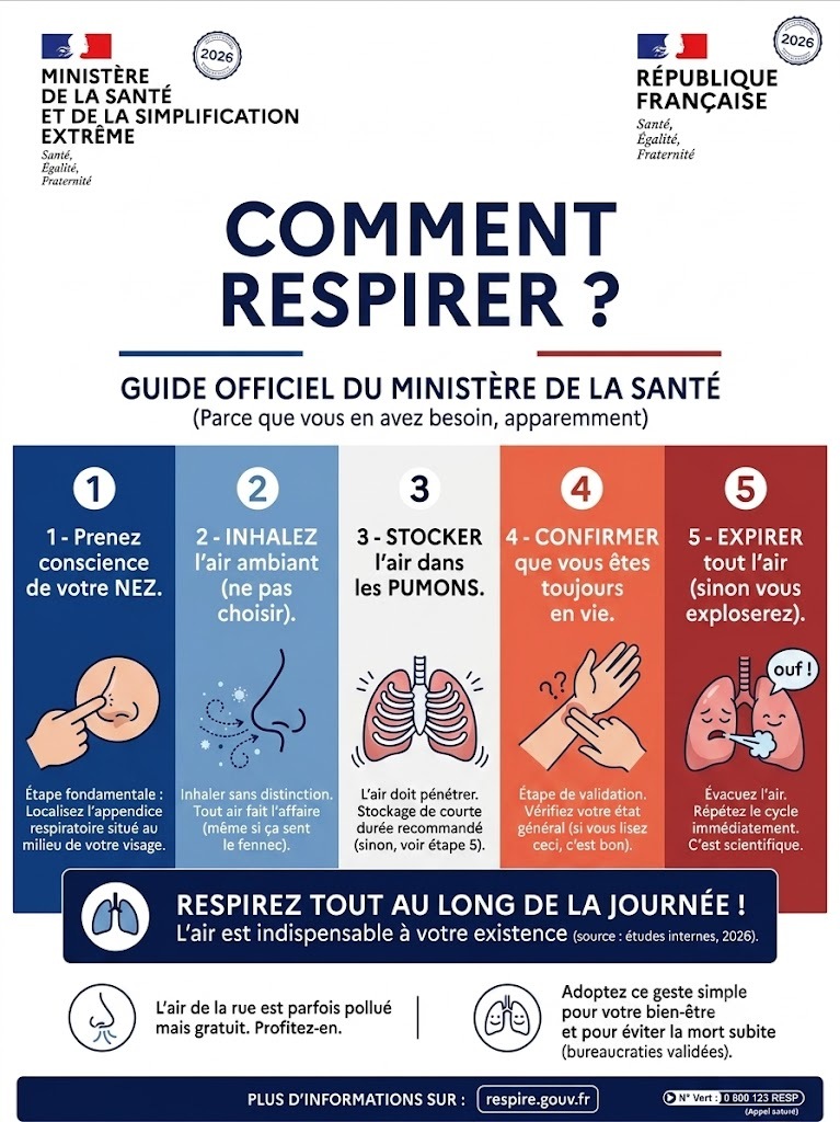 Infographie parodique du ministère de la santé expliquant comment respirer en 5 étapes avec humour et ironie sur l'infantilisation administrative