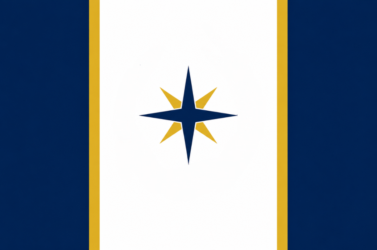 Drapeau bleu doré et blanc avec une rose des vents bleu et doré au mileu Drapeau bleu doré et blanc avec une rose des vents bleu et doré au mileu