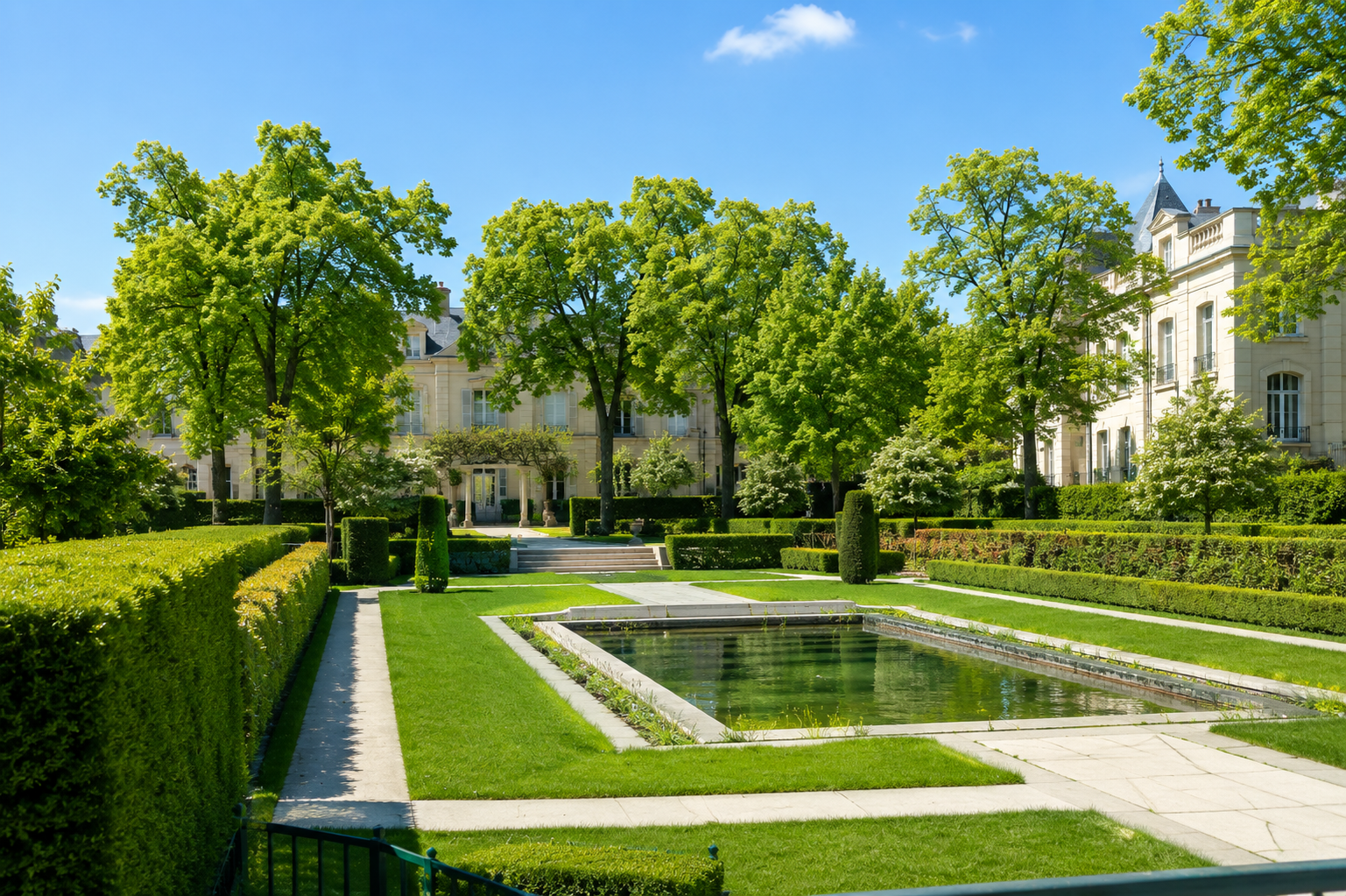 Parc de la Folie Saint-James in Neuilly-sur-Seine with landscaped gardens, historic architecture, and peaceful green spaces near Paris.