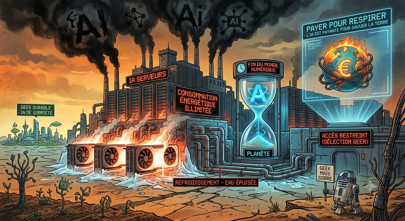 Illustration satirique montrant des centres de données IA surchauffés et une planète sous cloche avec un symbole euro, représentant le lien entre la consommation énergétique, l'IA et la nécessité de sobriété numérique.