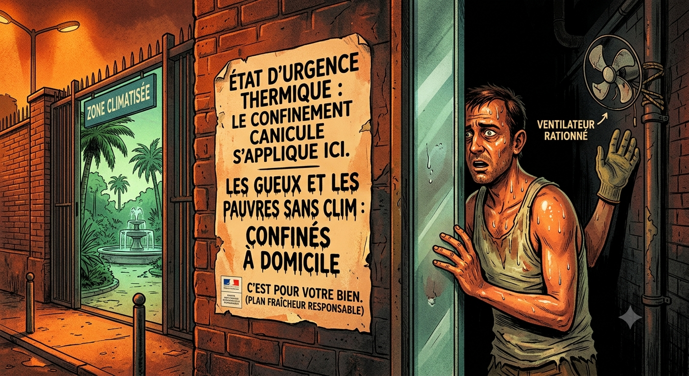 Un homme en débardeur, trempé de sueur, face à une porte blindée portant une affiche 