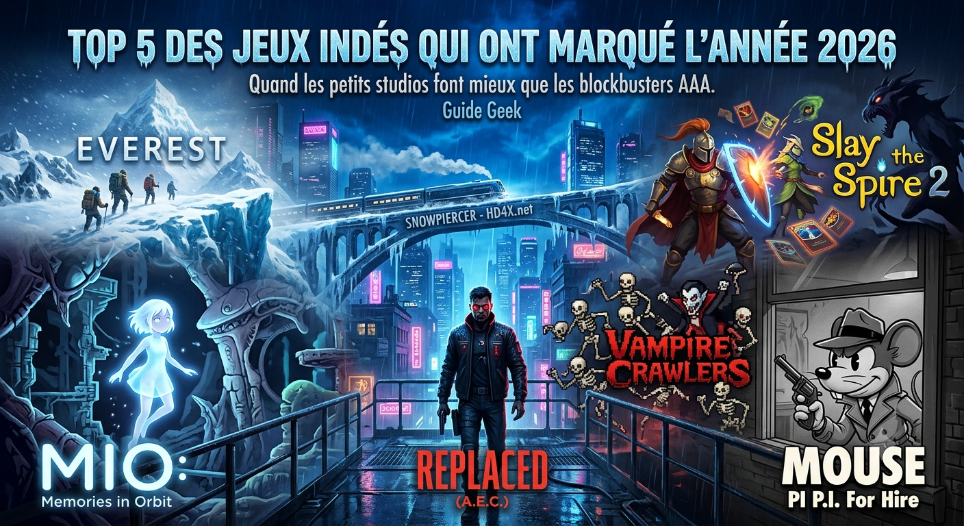 Collage artistique présentant les visuels de MIO: Memories in Orbit, MOUSE, Vampire Crawlers, Slay the Spire 2 et Replaced, illustrant les meilleurs jeux vidéo indépendants de 2026.