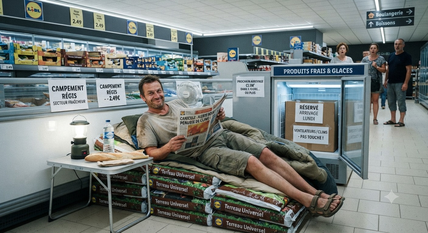 Un homme en short et maillot de corps installé confortablement avec un sac de couchage au milieu du rayon surgelés d'un supermarché, en attendant l'arrivage de ventilateurs en période de canicule.