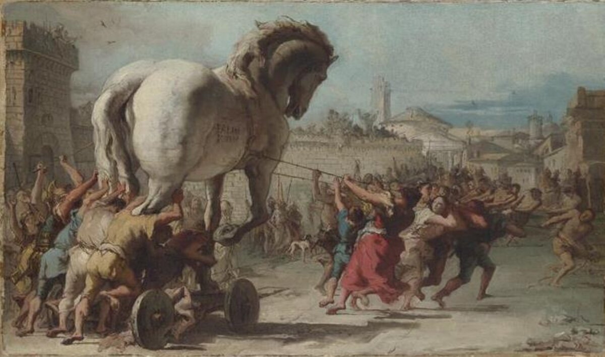 La stratégie antérinienne reposant sur la ruse. // Le Cheval de Troie selon Tiepolo, huile sur toile de 1760.