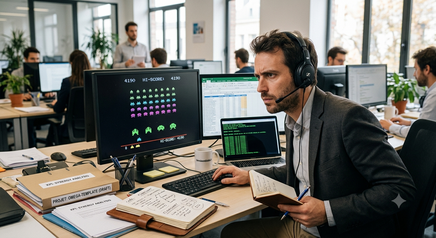 Un employé de bureau concentré avec un regard intense devant son écran, simulant une activité professionnelle intense alors qu'il est en train de ne rien faire.