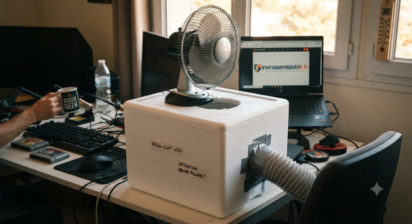 Un ventilateur fixé sur une glacière remplie de bouteilles d'eau congelées, un système de refroidissement DIY pour faire baisser la température lors d'une canicule.