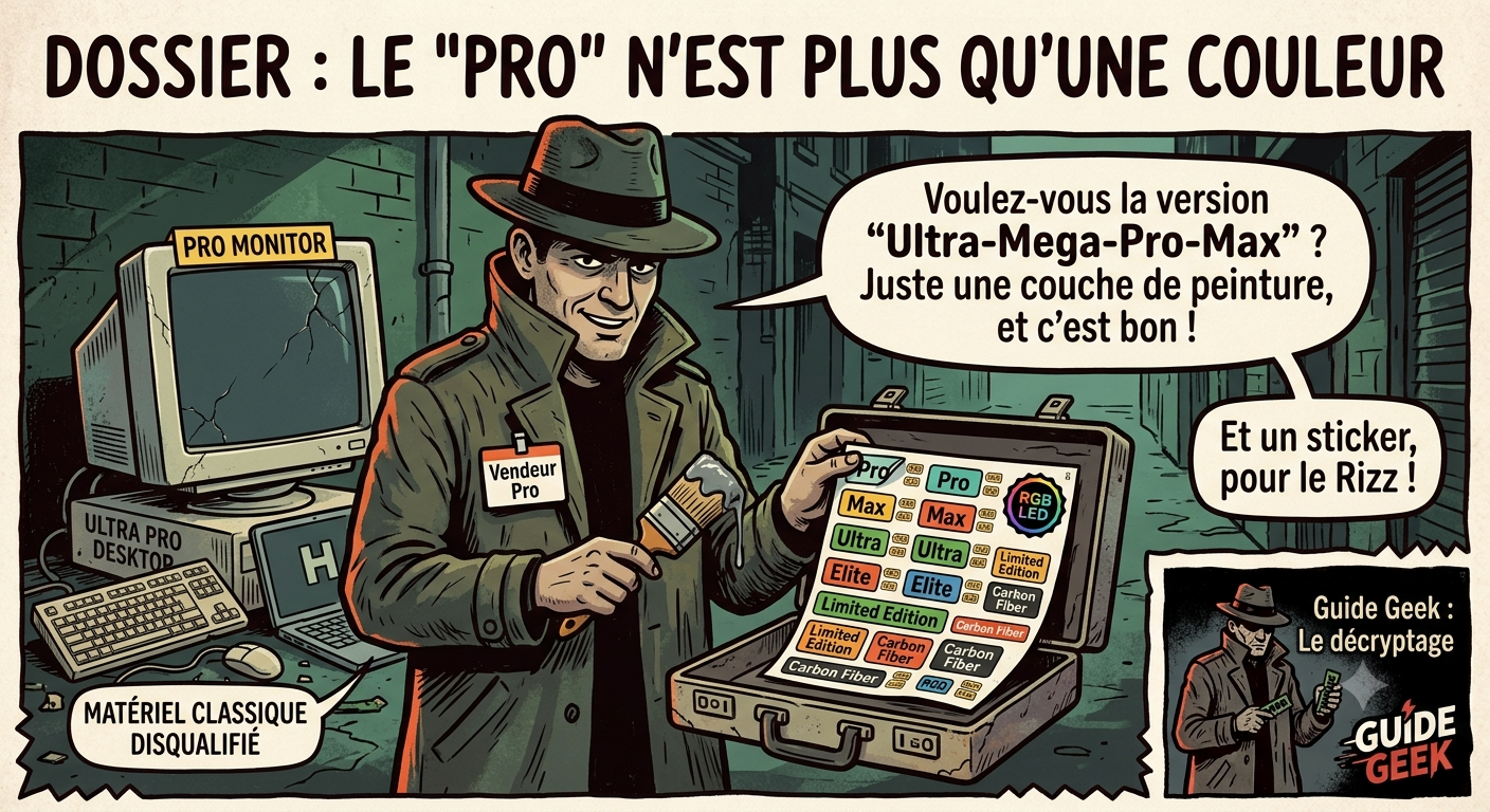 Un ordinateur portable au design minimaliste et luxueux sur lequel on a collé une étiquette en papier écrite à la main portant la mention « Pro », illustrant la supercherie du marketing technologique actuel.