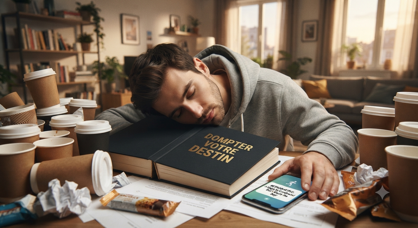 Un livre de développement personnel à la couverture sobre posé sur un bureau encombré de tasses à café, avec une silhouette avachie à côté, illustrant l'ennui profond.