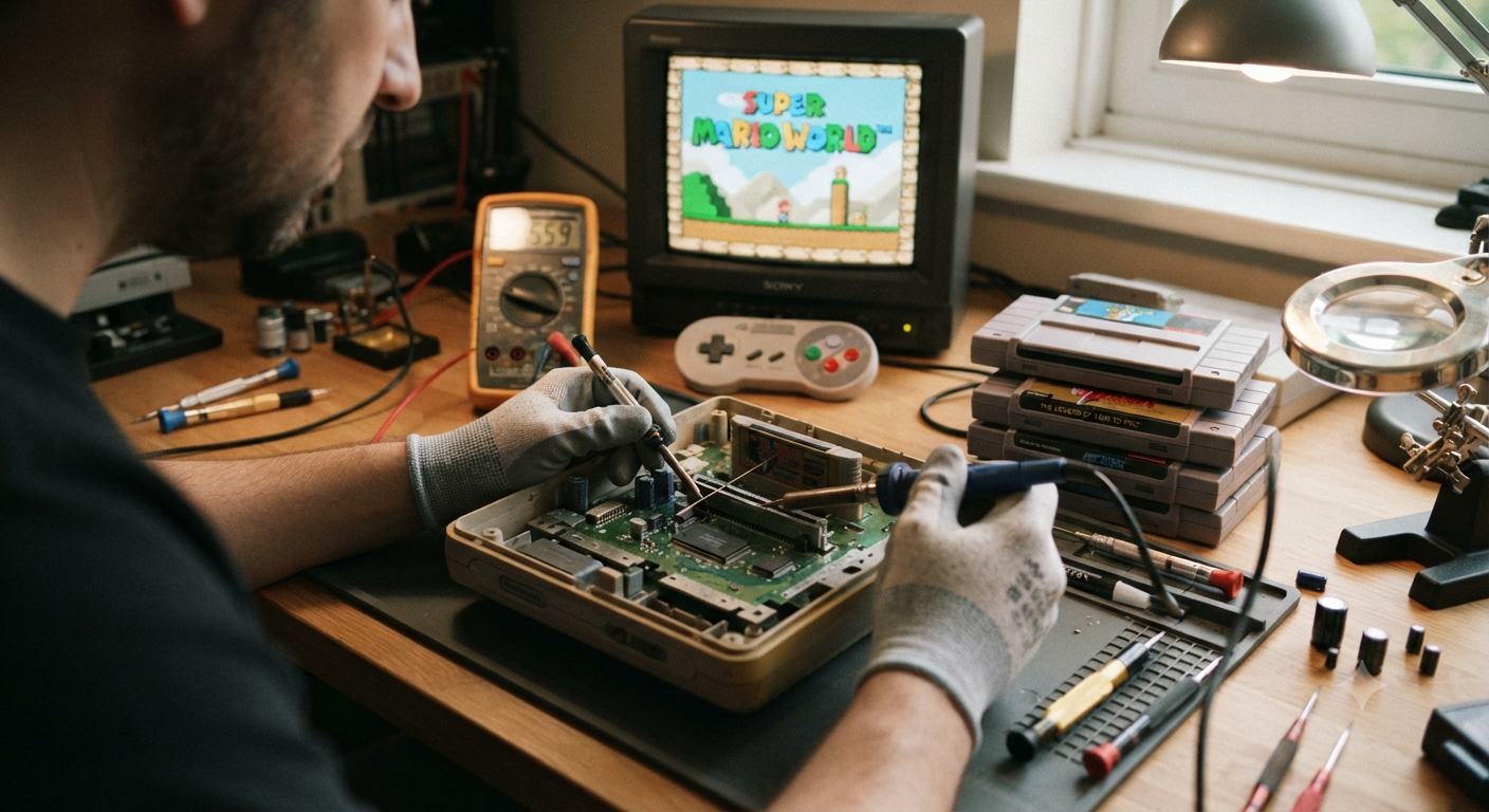 Une console de jeu des années 90 en cours de réparation sur un bureau d'établi geek, entourée d'outils de précision et de cartouches de jeux rétro.
