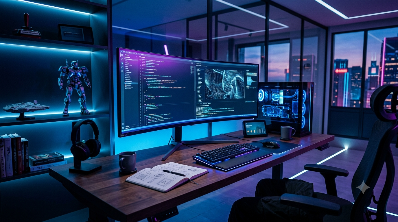 Vue d'ensemble d'un bureau de passionné de technologie futuriste et épuré. Un écran d'ordinateur affiche du code et de l'art numérique, éclairé par des bandes LED néon bleues et violettes. En arrière-plan, des références discrètes à la culture geek : un j
