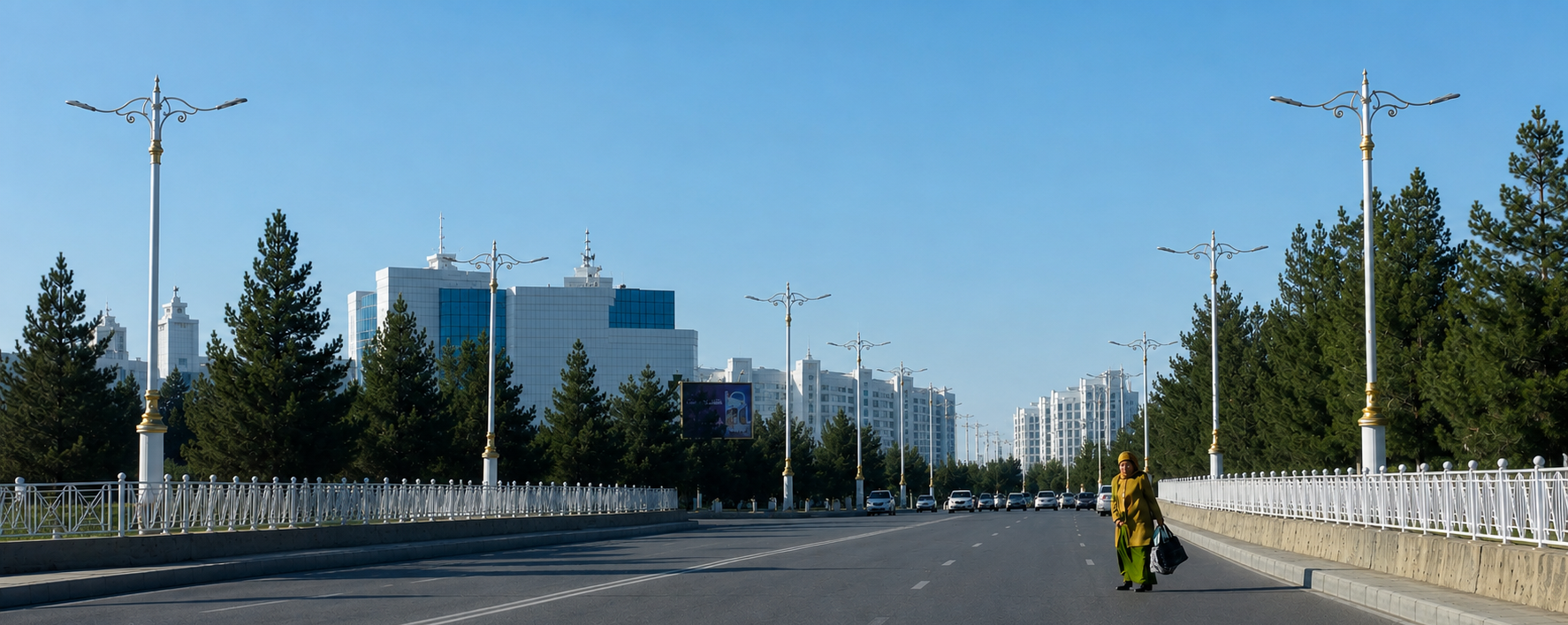 Une femme talar d'un certain âge traversant l'une des grandes avenues de la « nouvelle capitale », Khydan. Semble t'elle un peu perdue au milieu de la route ?
