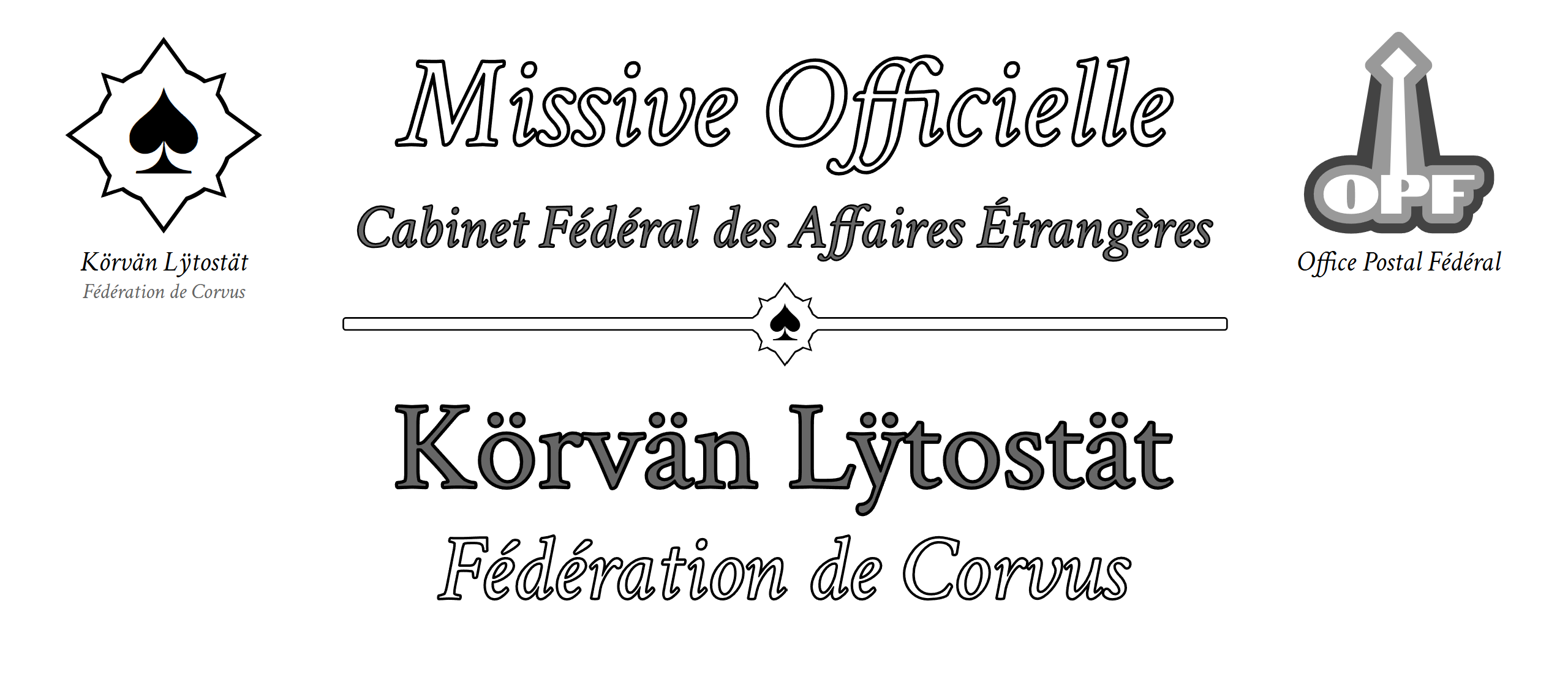 Entête du Ministère des Affaires Etrangères de la Fédération de Corvus, missive envoyée par l'Office Postal Fédéral