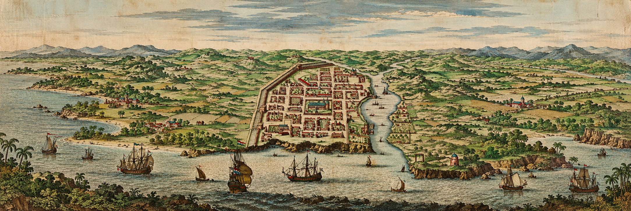 Représentation graphique de la « Ciudad de San Pedro Luis », capitale de la colonie de Costa Verde au XVIIe siècle. La « carte » présentée ici est cependant une reconstitution partielle d'un ancien document, réalisée au milieu du XXe siècle, et non une carte véritablement d'époque. Il en résulte certaines imprécisions et irrégularités dans le graphisme général.