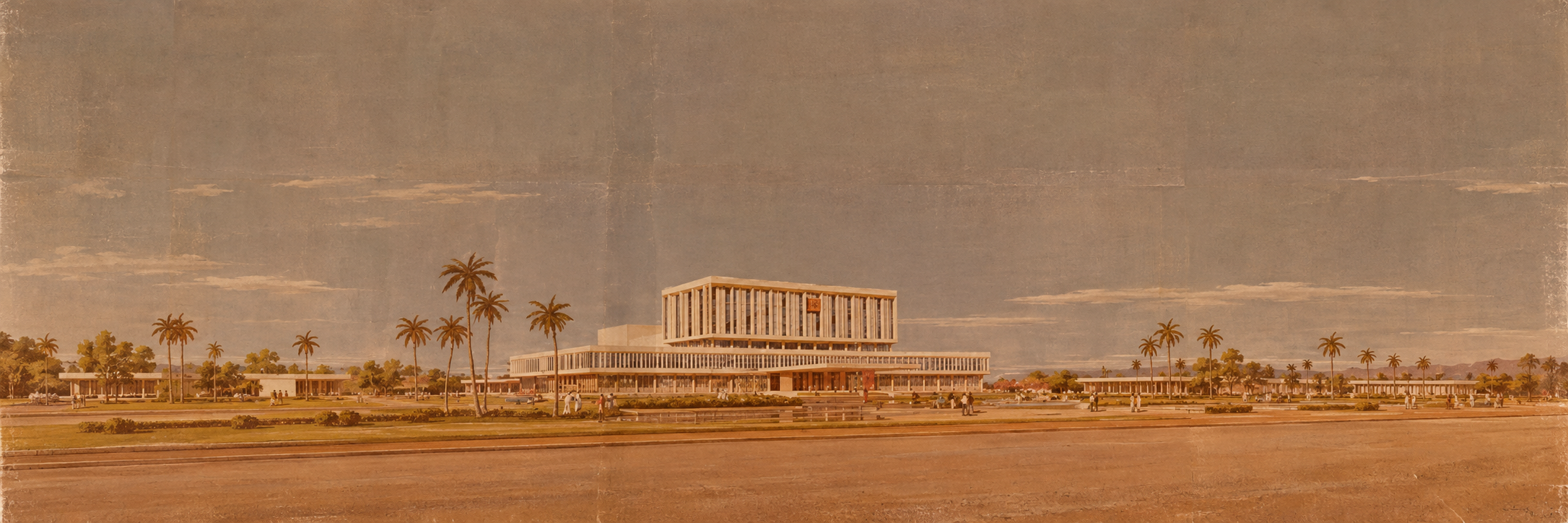 Panorama large du « nouveau » bâtiment de l’Assemblée législative costaverdienne, lors de son inauguration en 1971 à San Pedro Luis. À la fois centre politique de l’État et lieu touristique incontournable de la capitale, le bâtiment figure parmi les dernières traces de l’ancienne ville, antérieure à son développement sans précédent au cours des années 1980-1990.